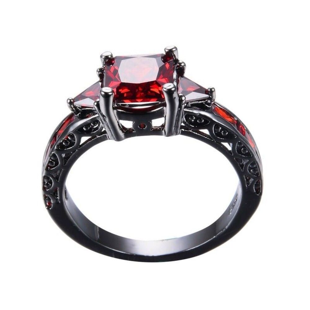 Womens Gray Gun Metal Red Zircons Channel Set Ring Costume Jewelry